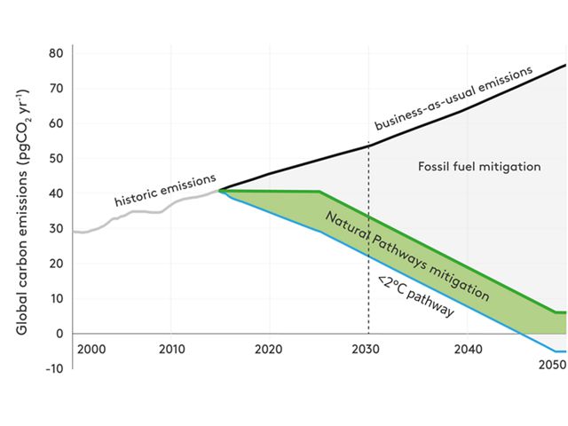 line graph showing historic and projected emissions in various future scenarios, with NCS mitigation highlighted contributing to a below 2 degrees Celcius pathway 
