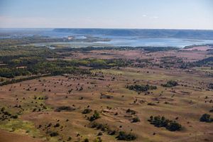 Aerial view of a hilly prairie.