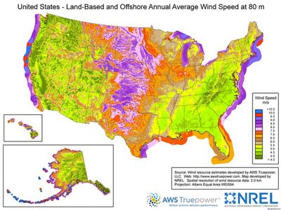 A colorful map of the United States showing average wind speeds across the country.