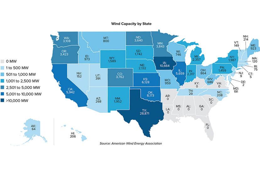 Map of USA with shades of blue denoting wind power capacity.