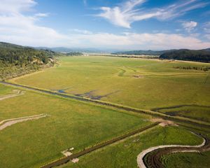 Aerial view of winter lake and the Coquille River.