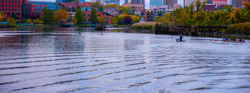 A body of water sitting in front of a city skyline.