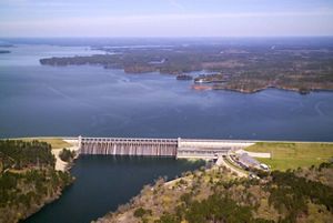 An aerial view of a dam.