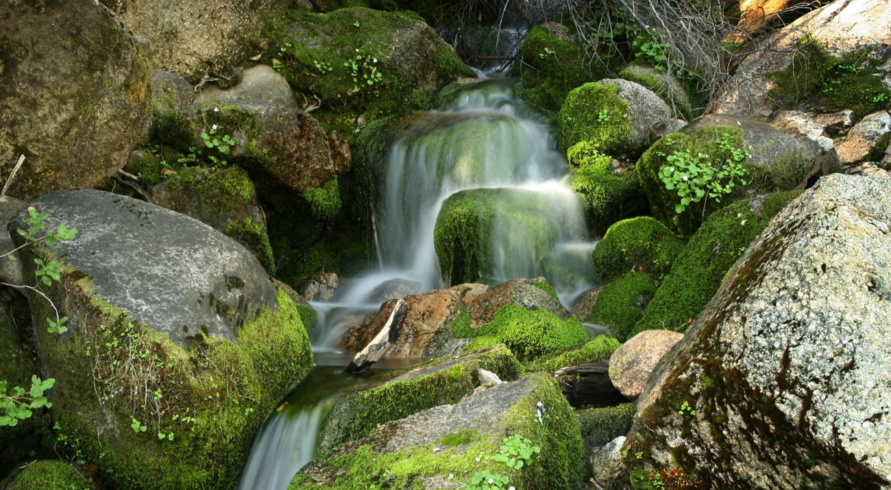 A misty waterfall over rounded, mossy boulders.