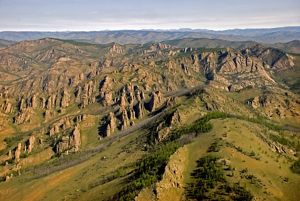An aerial view features the Mongolian landscape.