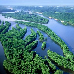 Aerial view of the Mississippi River flowing in Minnesota.