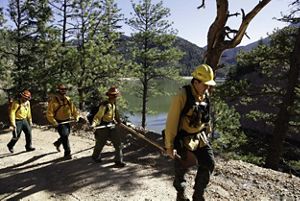 Several people dressed in protective fire gear carry equipment along a trail in a forest.