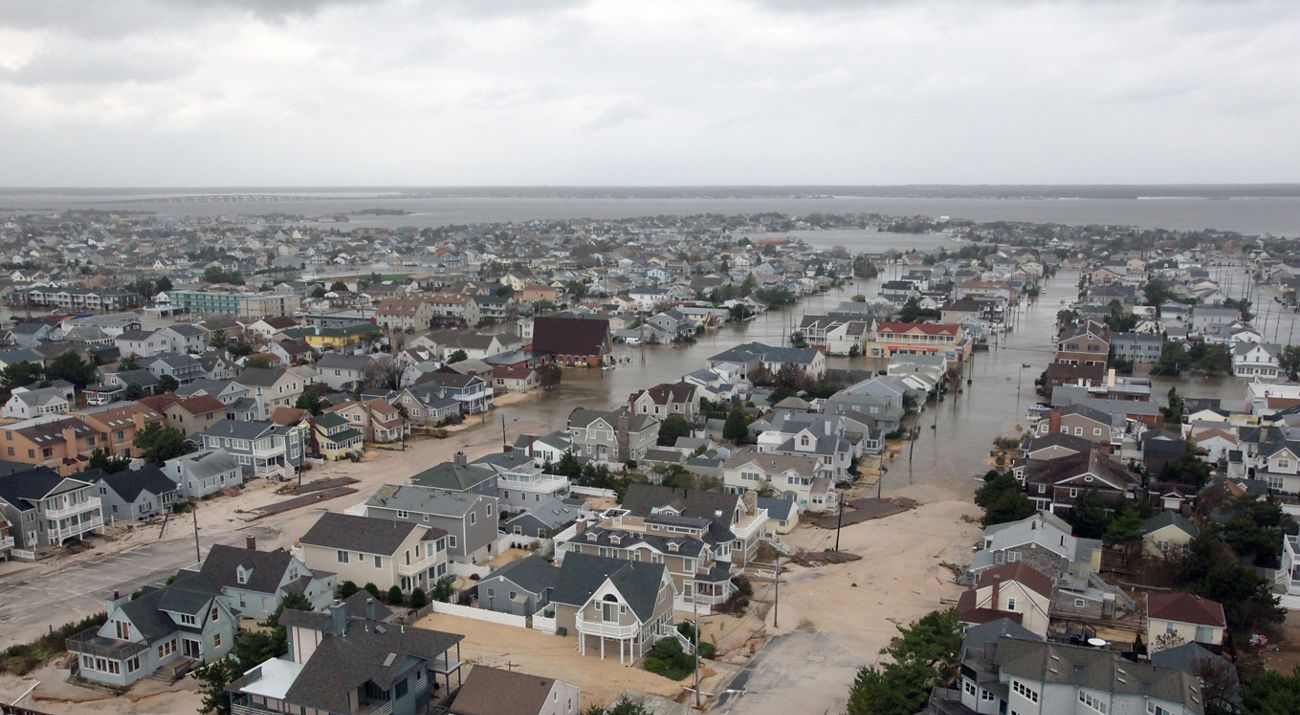 An aerial photo showing coastal New Jersey homes devastated by Hurricane Sandy in 2012.