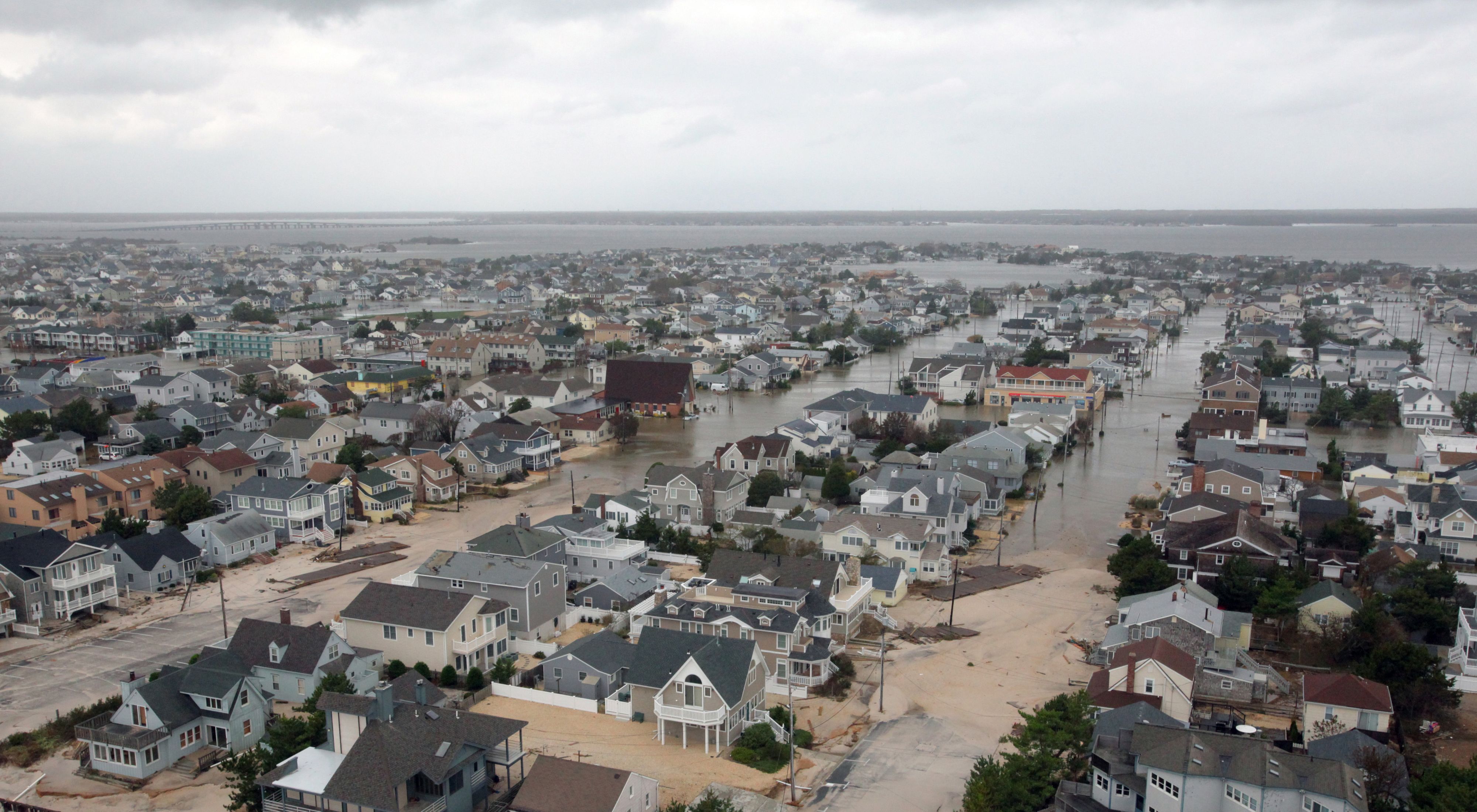 An aerial photo showing coastal New Jersey homes devastated by Hurricane Sandy in 2012.