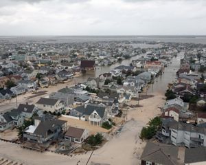 An aerial photo showing coastal New Jersey homes devastated by Hurricane Sandy in 2012.