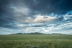 Landscape view of a green grassland with low mountains in the distance.