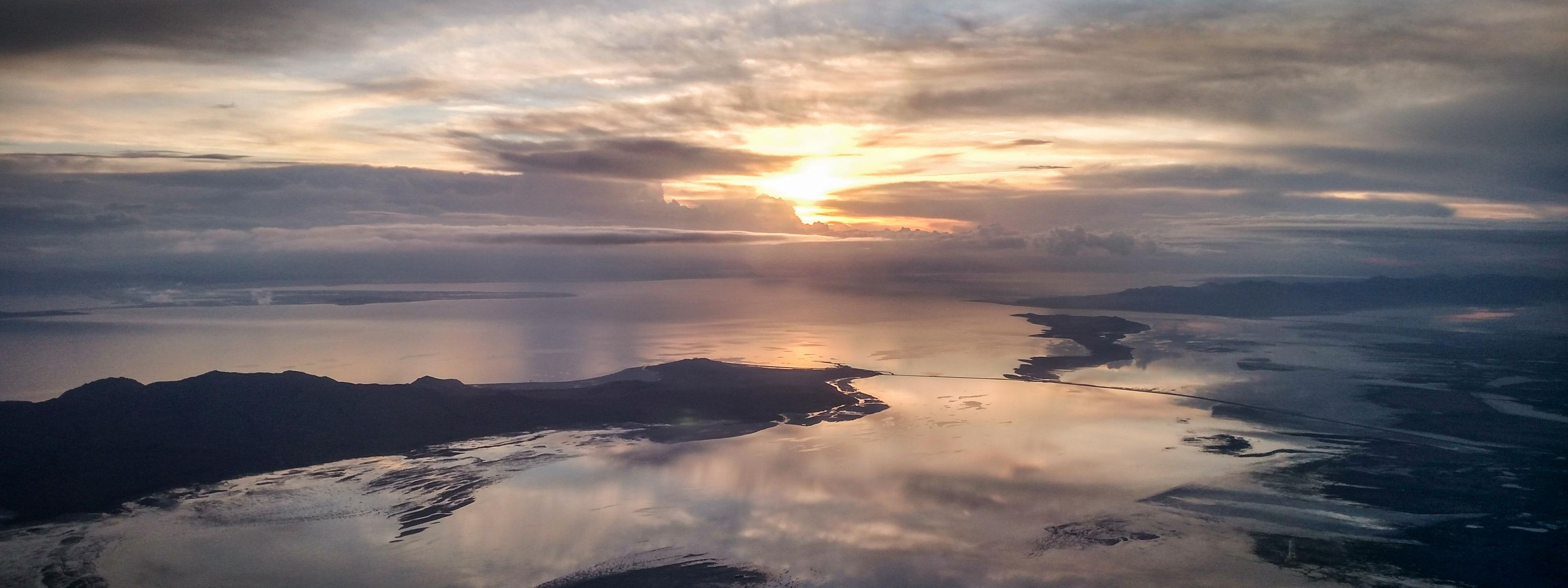 Aerial view of the Great Salt Lake at sunrise.