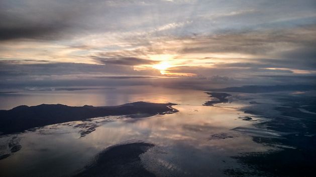 Aerial view of the Great Salt Lake at sunrise.