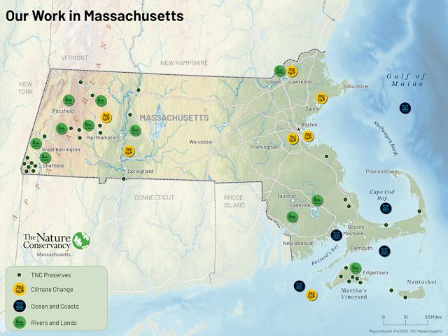 Map depicting Massachusetts with icon dots in green, yellow and blue to show some of our work across the state. Massachusetts is shaded for elevation, and some key cities are noted.