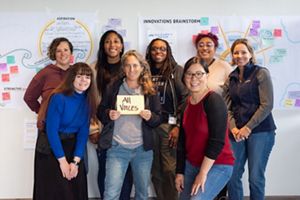 A large group of people gather together and pose for a group photo at the Women & Allies in Climate conference.