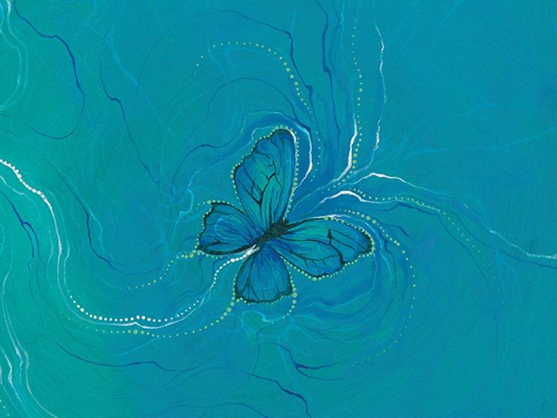 An illustration of a butterfly creating ripples on a teal blue background.