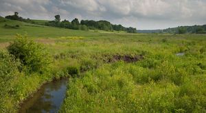 A creek runs through rolling green prairie with groves of trees in the distance.