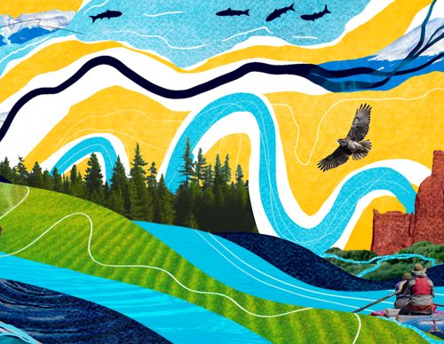 Ilustraciones azules, verdes y amarillas de animales y tierras de cultivo.