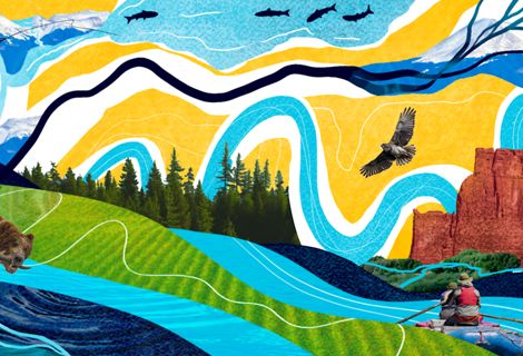 A stylized graphic of people and nature enjoying a river—a man fishing, a bear feeding and a couple canoeing.