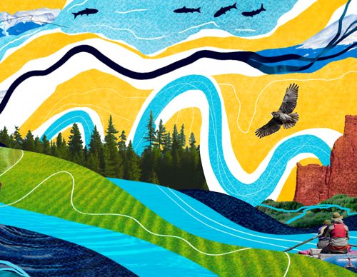 A stylized graphic of people and nature enjoying a river—a man fishing, a bear feeding and a couple canoeing.