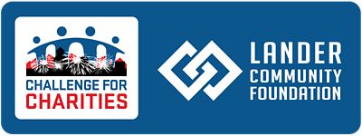 Logos for Challenge for Communities and Lander Community Foundation on blue background.