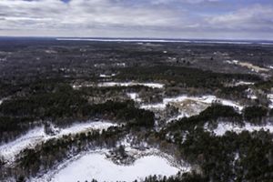 A aerial view of snow-covered wetlands in the Central Sands area. 