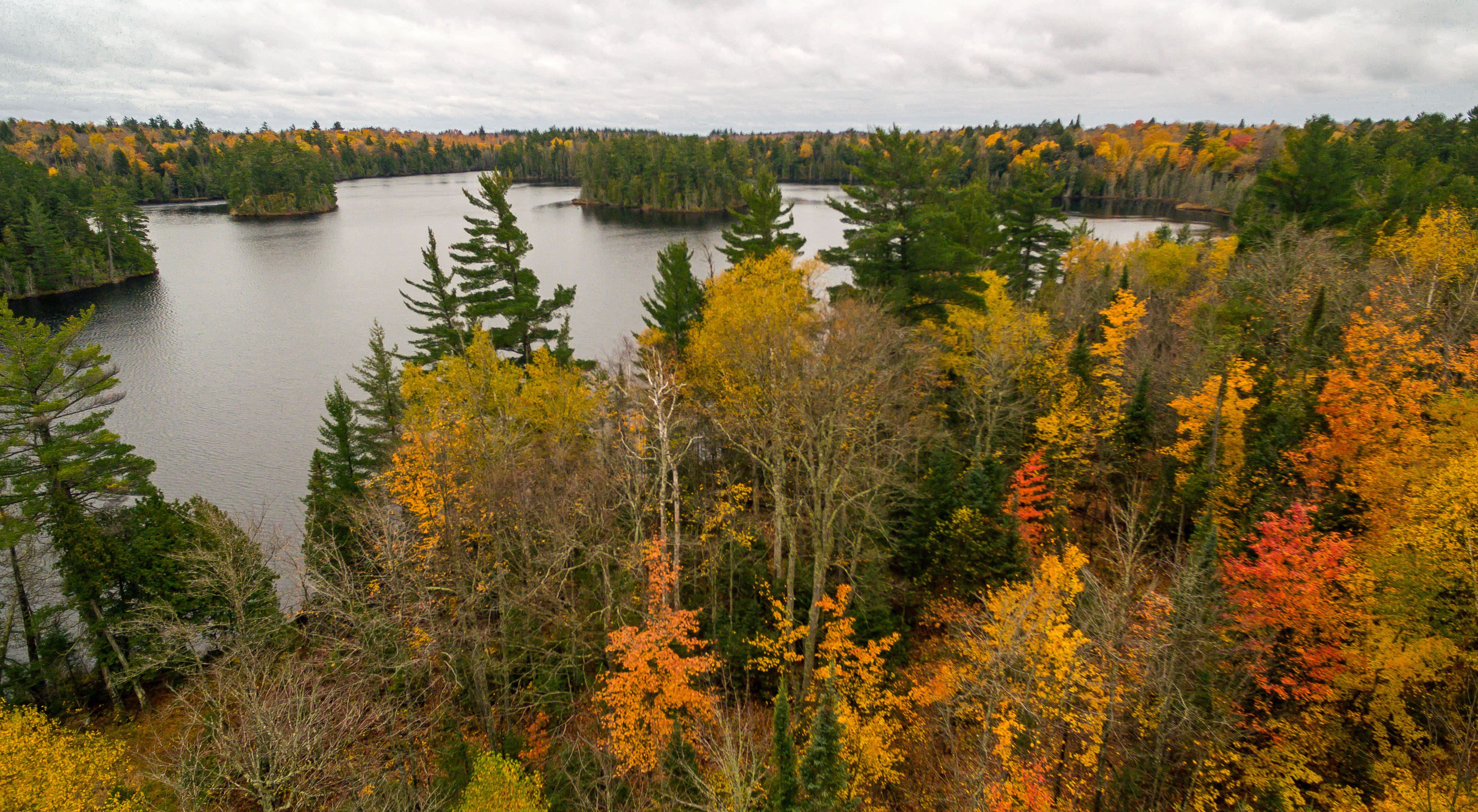A lake lines with trees showing fall colors, with small forested islands dotting the lake.