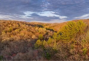 Forested hills stretch to the horizon, partially lit by the sun, under a cloudy sky. 