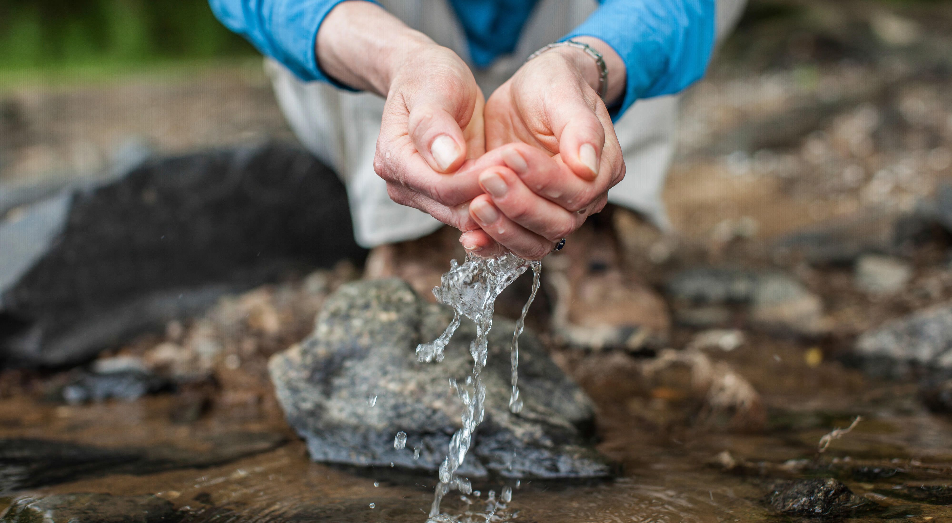 Two hands scooping up clean water from a stream.
