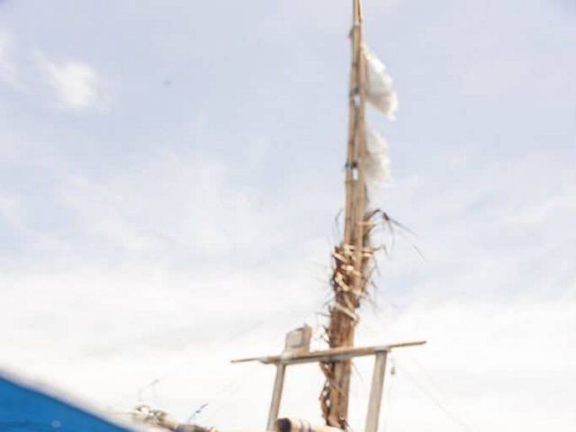 The palm fronds under the raft help to attract fish, and the palm fronds on top of the raft help fishers find the FAD.