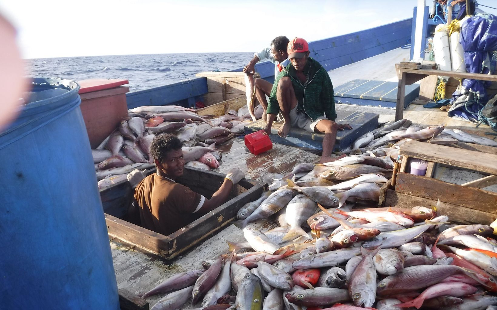 Hasil Tangkapan Nelayan Para nelayan sedang berada diatas perahu dengan hasil tangkapannya sesuai dengan metode perikanan berkelanjutan. © YKAN