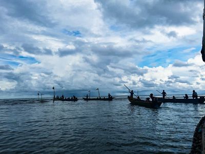 Iringan perahu yang membawa peserta upacara tutup sasi di Kampung Aduwei, Papua Barat, pada September 2022.