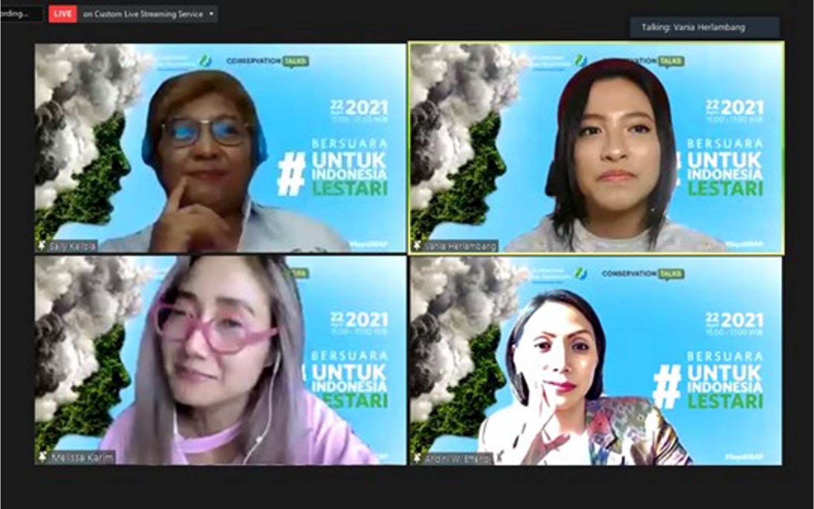 Bersuara #UntukIndonesiaLestari YKAN presented Nature Ambassadors, namely Vania Herlambang who is also Miss Indonesia Environment 2018, Melissa Karim, commonly known as a presenter and MC, and Andini Effendi who works as a journalist. They shared stories and inspiration in the online talkshow session hosted by YKAN Head of Communications Sally Kailola. © YKAN