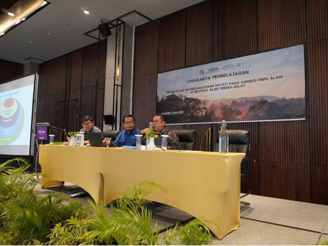 Direktur Utama PT Gunung Gajah Abadi Totok Suripto memaparkan tentang Praktik Pengelolaan Sumber Daya Hutan dalam “Lokakarya Pembelajaran Pengelolaan Keanekaragaman Hayati pada Konsesi PBPH Alam di Bentang Alam Wehea-Kelay”, di Samarinda, 1 Maret 2023.