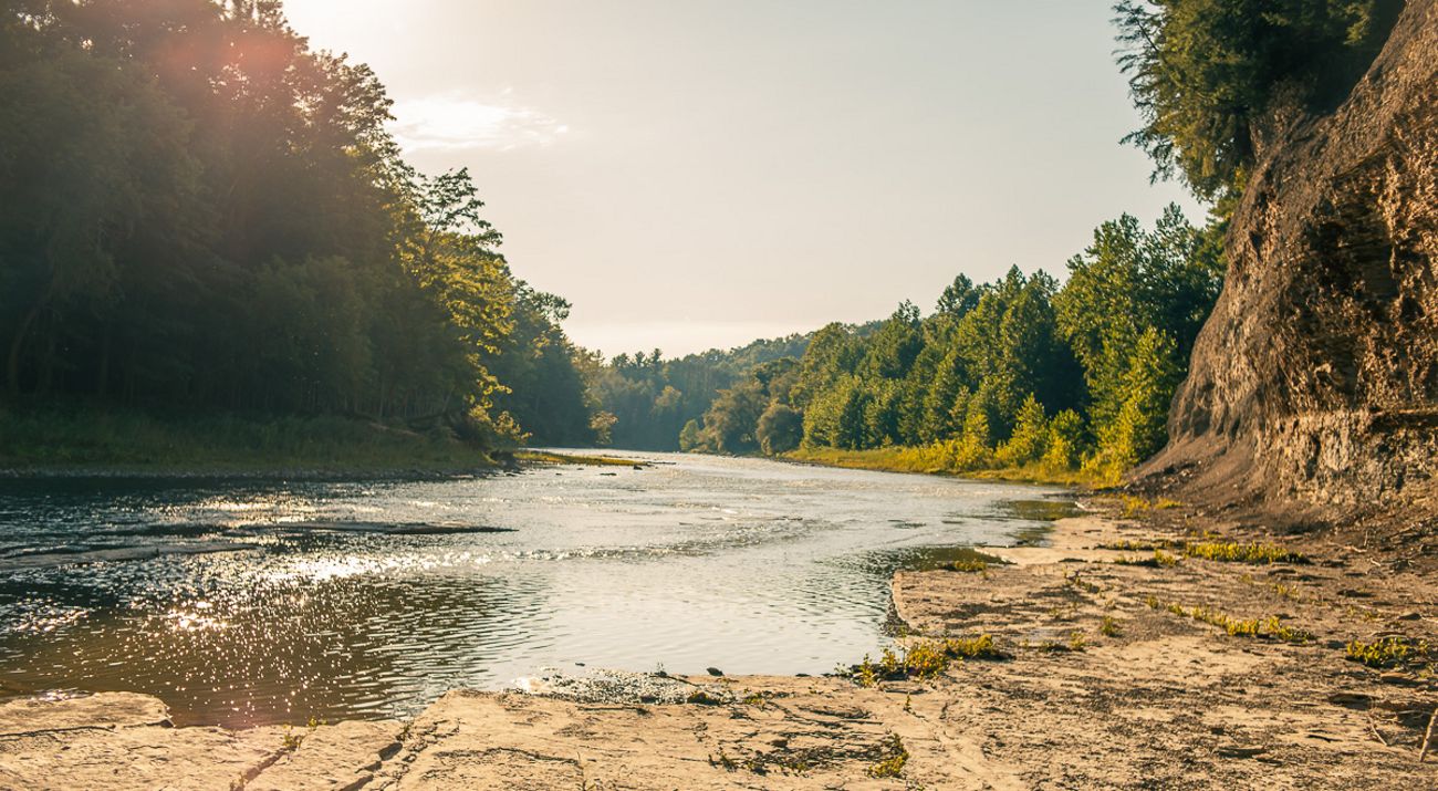 A creek in the middle of a green-tree-lined valley is snaking across the middle to left-hand side of the frame.