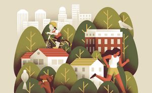 An illustration shows cars and smog at the bottom gradually transforming into trees and a healthy green city at the top.