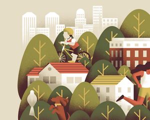 An illustration shows cars and smog at the bottom gradually transforming into trees and a healthy green city at the top.